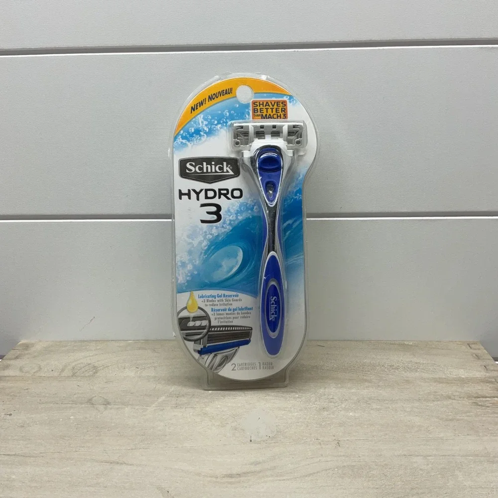 Schick Hydro 3 Mens Razor 1 Handle and 2 Cartridges Blue Silver New